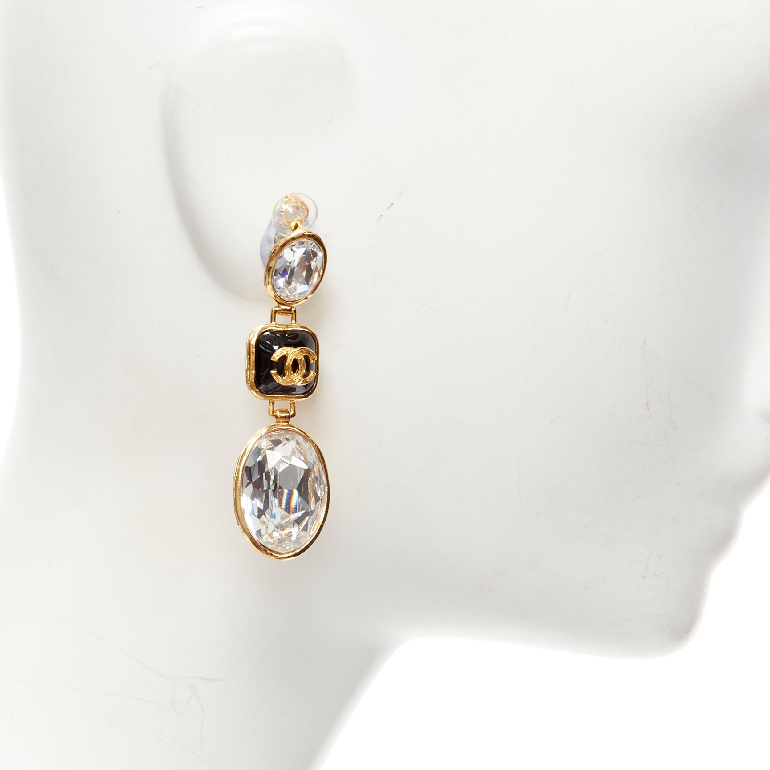 Women's CHANEL G21 V CC logo black resin crystal gold tone statement drop earrings