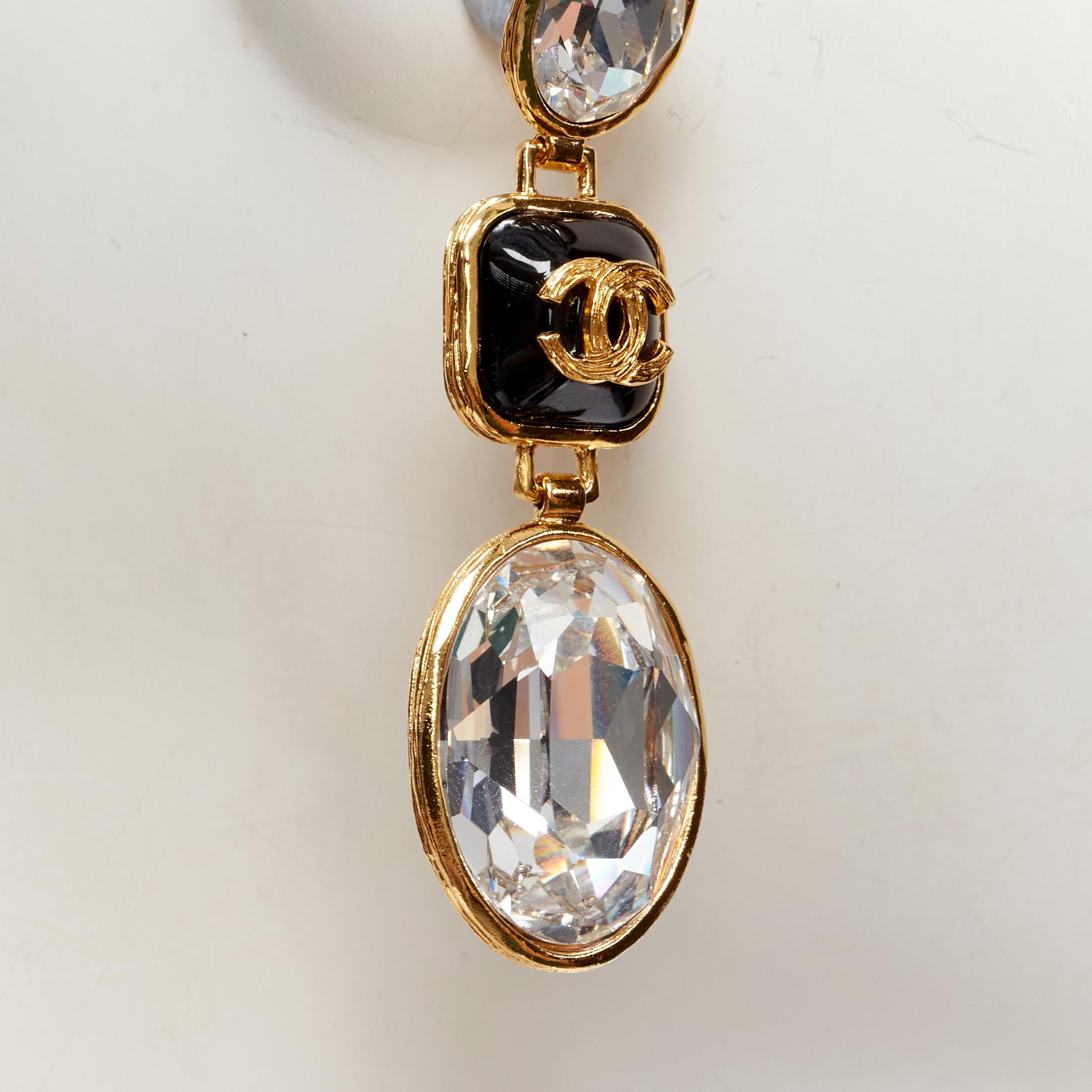 CHANEL G21 V CC logo black resin crystal gold tone statement drop earrings 1