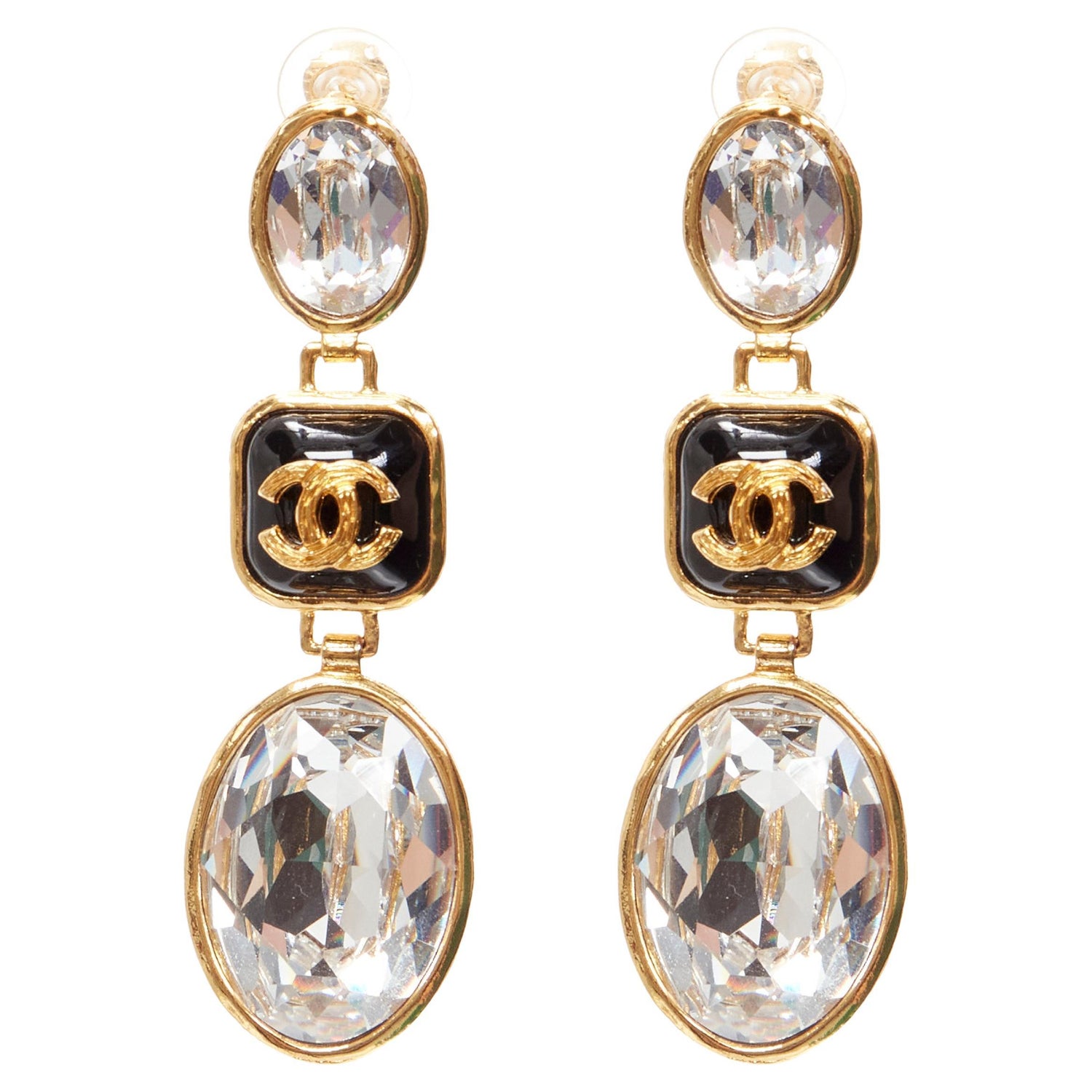 Chanel Goldtone Metal Beige Resin Crystal CC Flower Drop Earrings