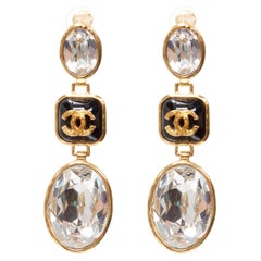 CHANEL G21 V CC logo black resin crystal gold tone statement drop earrings