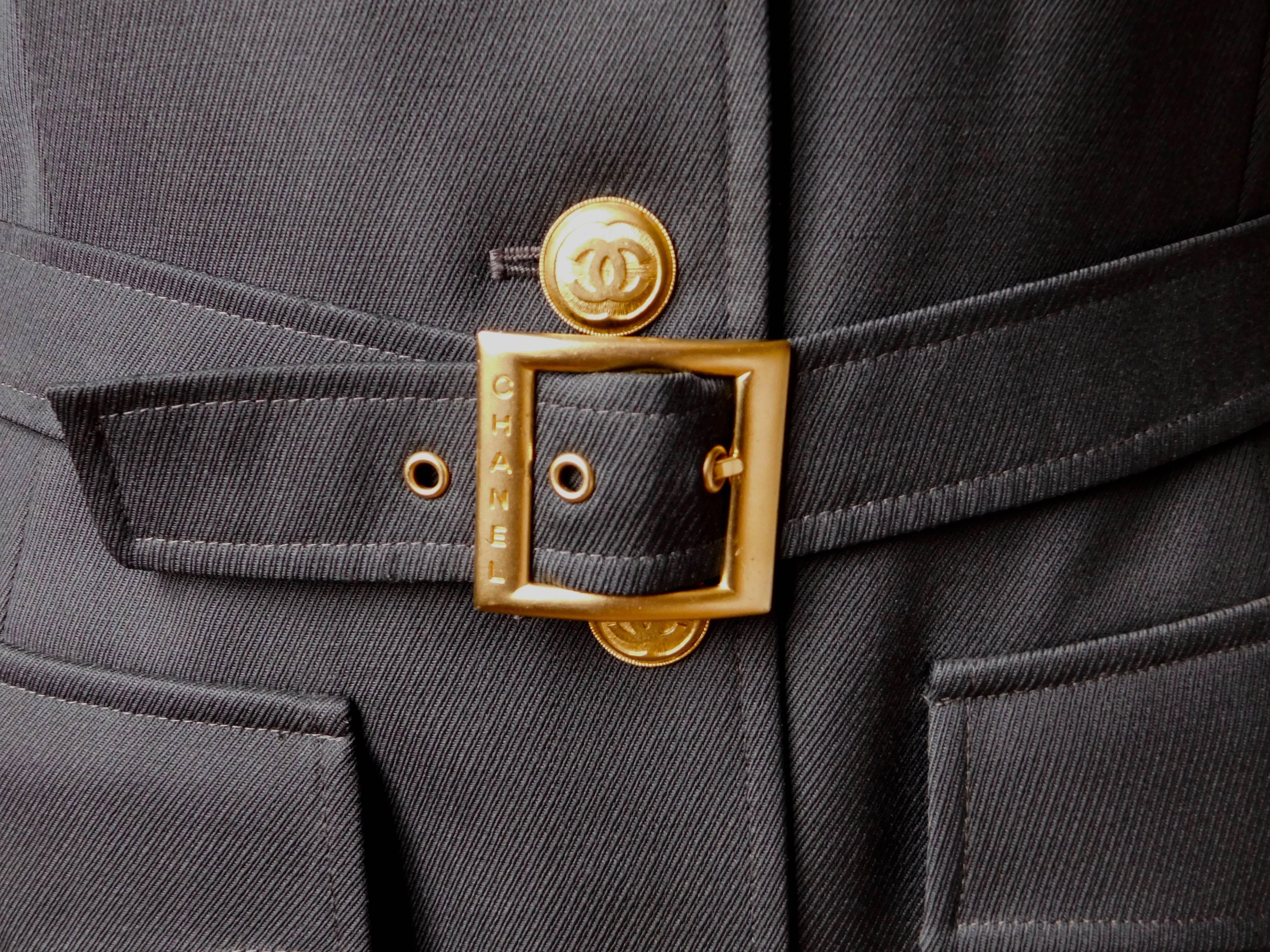 Gray Chanel Gabardine Military Style Jacket with 16 Gold Buttons