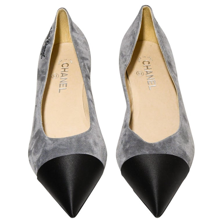 Chanel Gabrielle Chanel Grey Suede Pumps With Black Satin Heel and Cap Toe 41C at 1stDibs | chanel shoes low heel, coco chanel shoes, chanel gabrielle shoes