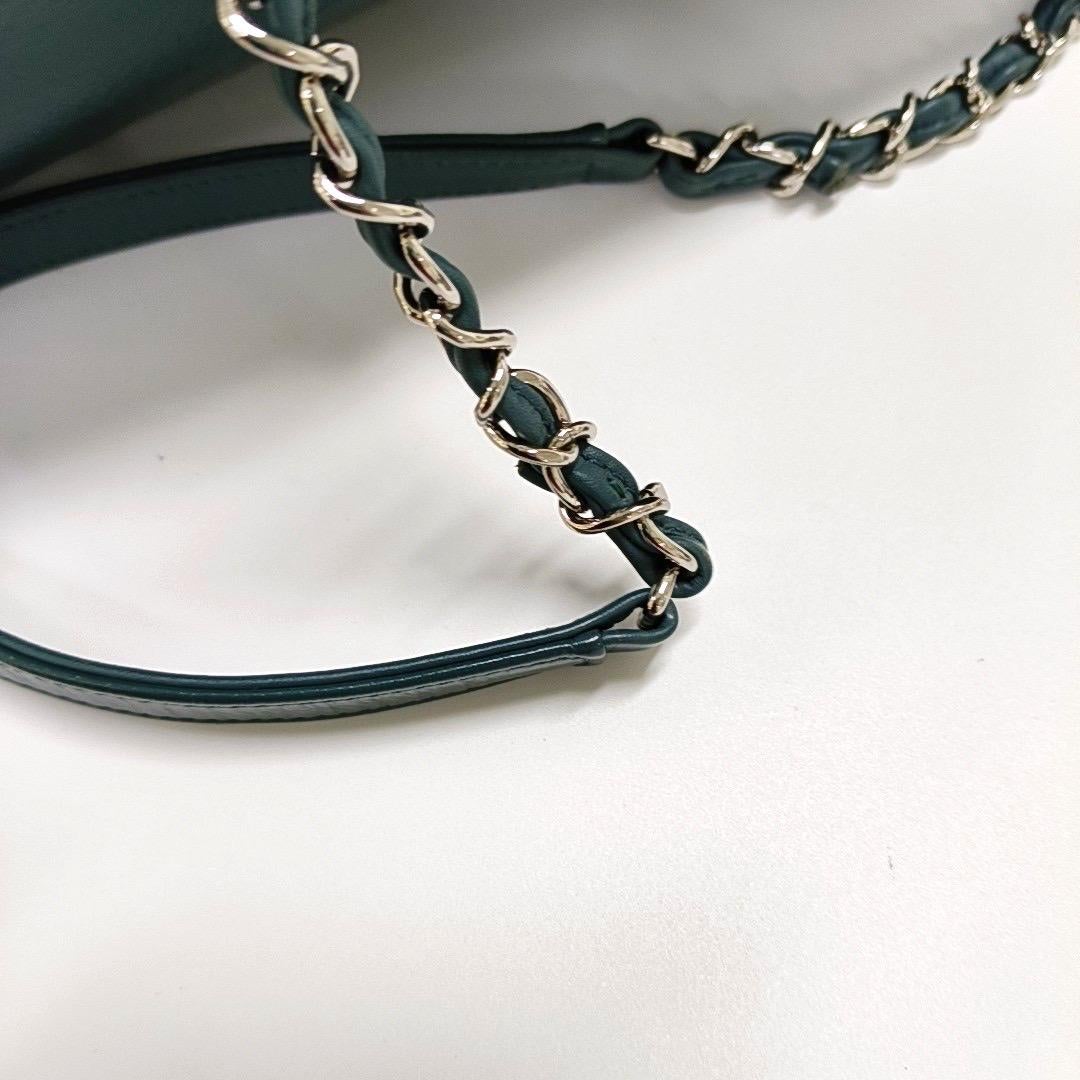 Chanel Gabrielle Drawstring Bucket Bag Medium Dark Green Calfskin Leather Silver For Sale 5