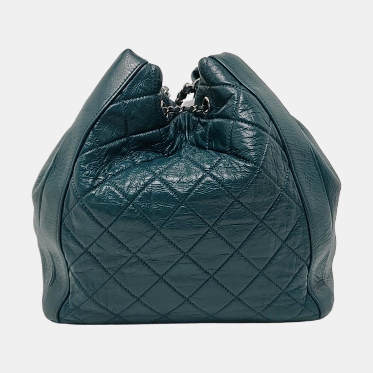 Black Chanel Gabrielle Drawstring Bucket Bag Medium Dark Green Calfskin Leather Silver For Sale