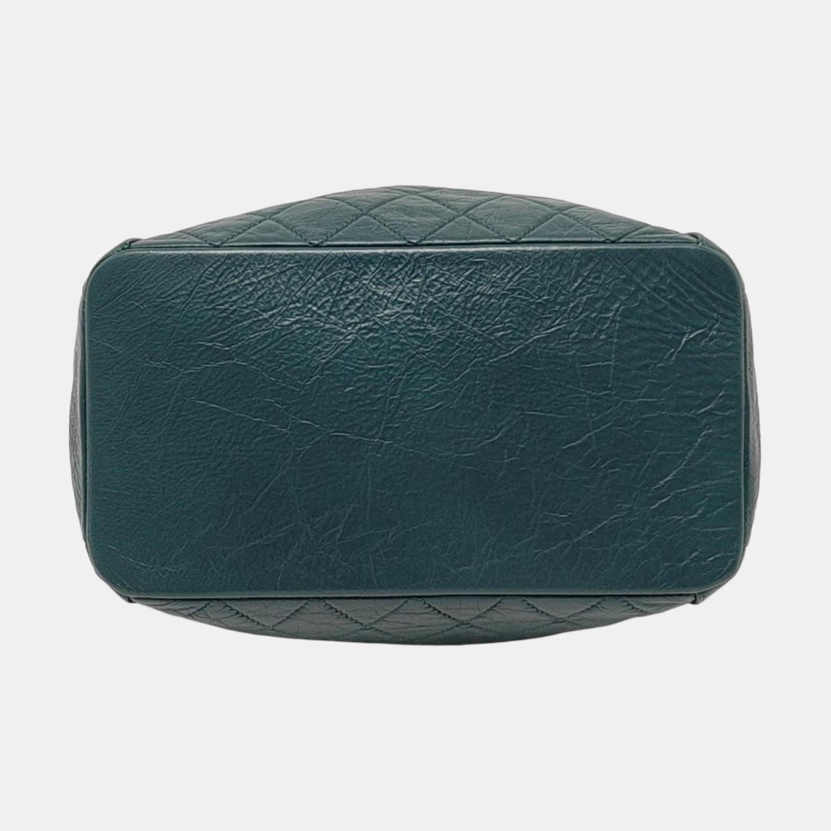 Chanel Gabrielle Drawstring Bucket Bag Medium Dark Green Calfskin Leather Silver For Sale 2