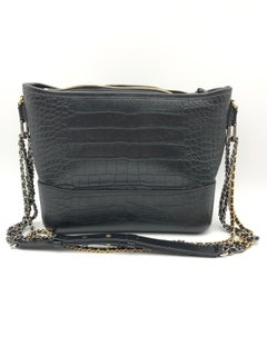 Chanel Gabrielle Hobo Bag Logo Handle Black Crocodile Embossed Calfskin Mediu