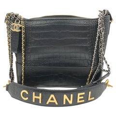 Chanel Gabrielle Hobo Bag Logo Handle Black Crocodile Embossed Calfskin Mediu