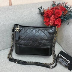 CHANEL Gabrielle Hobo Chain Shoulder Bag Black Calfskin Gold Hardware