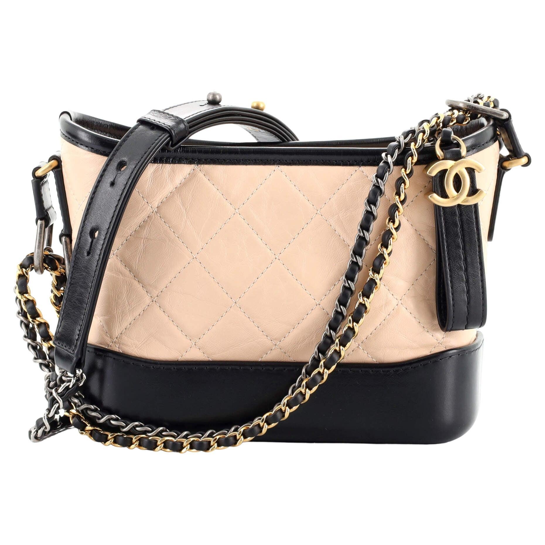 CHANEL Tweed Calfskin Quilted Small Gabrielle Hobo Ivory Black