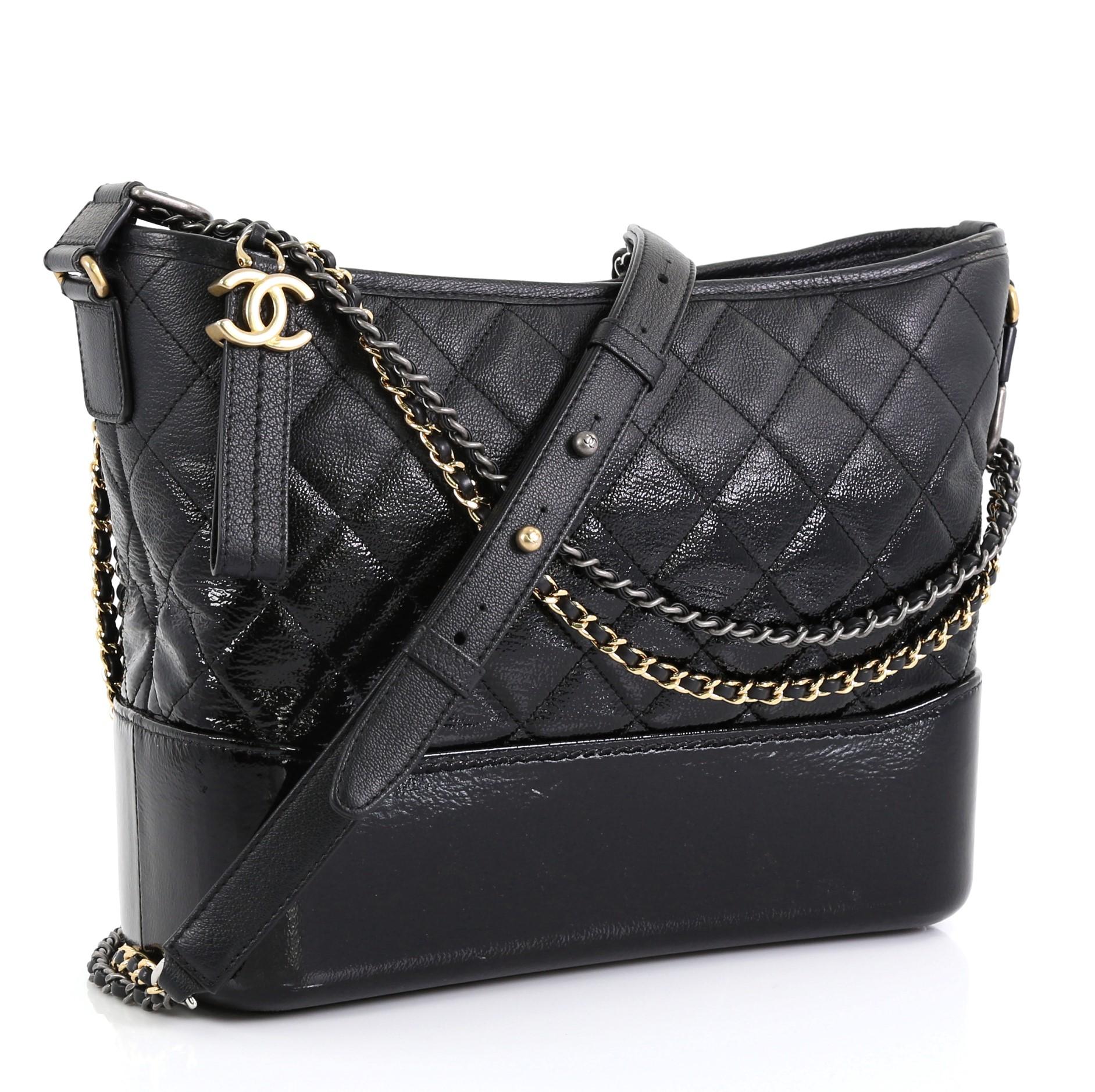 Black Chanel Gabrielle Hobo Quilted Goatskin and Patent Medium