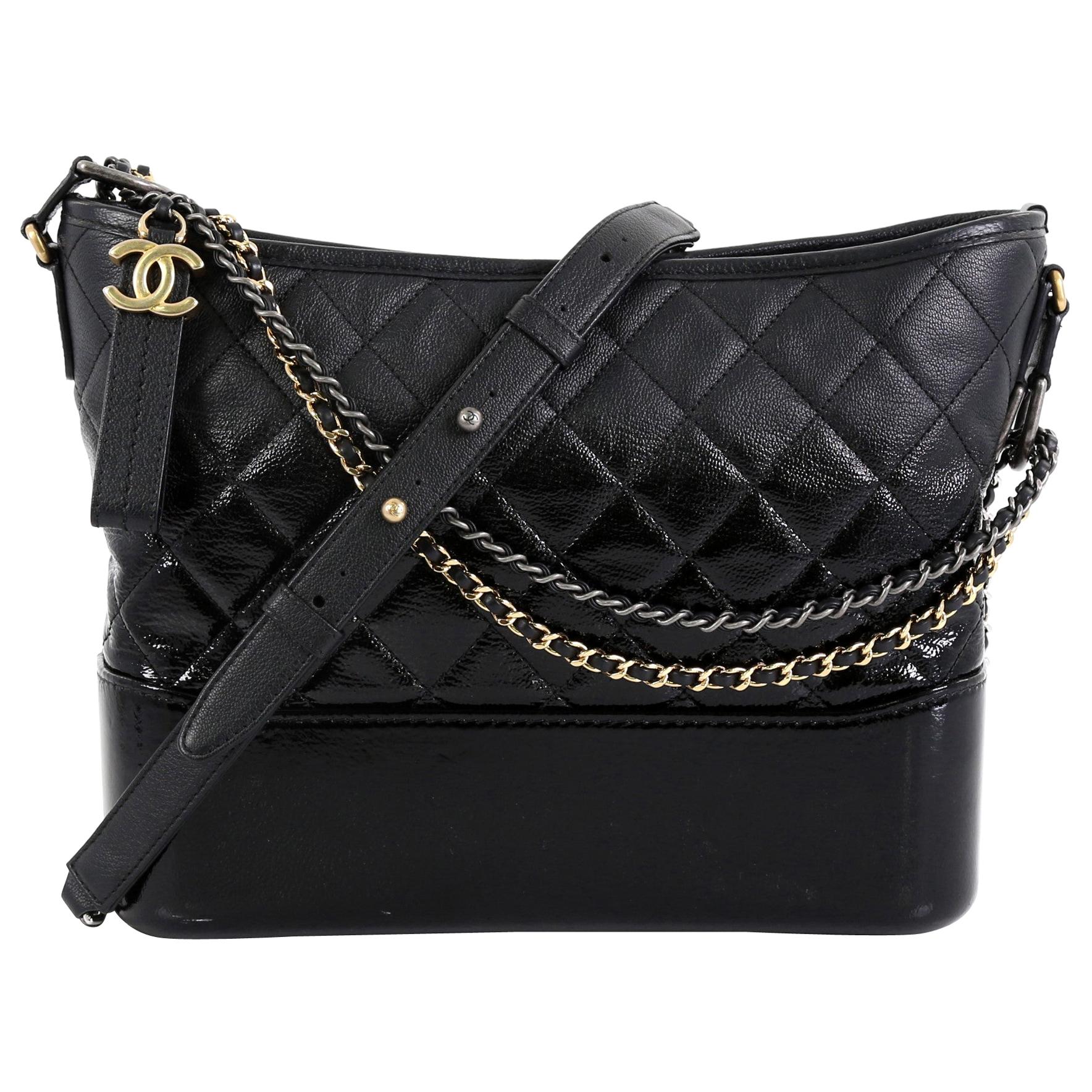 NEW CHANEL Black Patent Goatskin Quilted Hobo Mini Gabrielle Shoulder  Crossbody