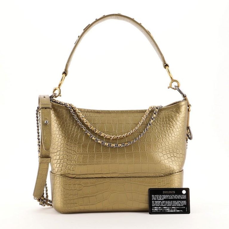 Chanel Gabrielle Hobo Bag Crocodile Embossed Calfskin Gold/Silver-tone Small  Black in Calfskin with Gold/Silver-tone - US