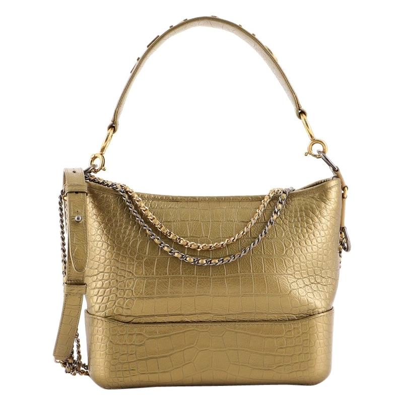 Chanel Gabrielle Hobo Bag Crocodile Embossed Calfskin Gold/Silver-tone  Small Black in Calfskin with Gold/Silver-tone - US