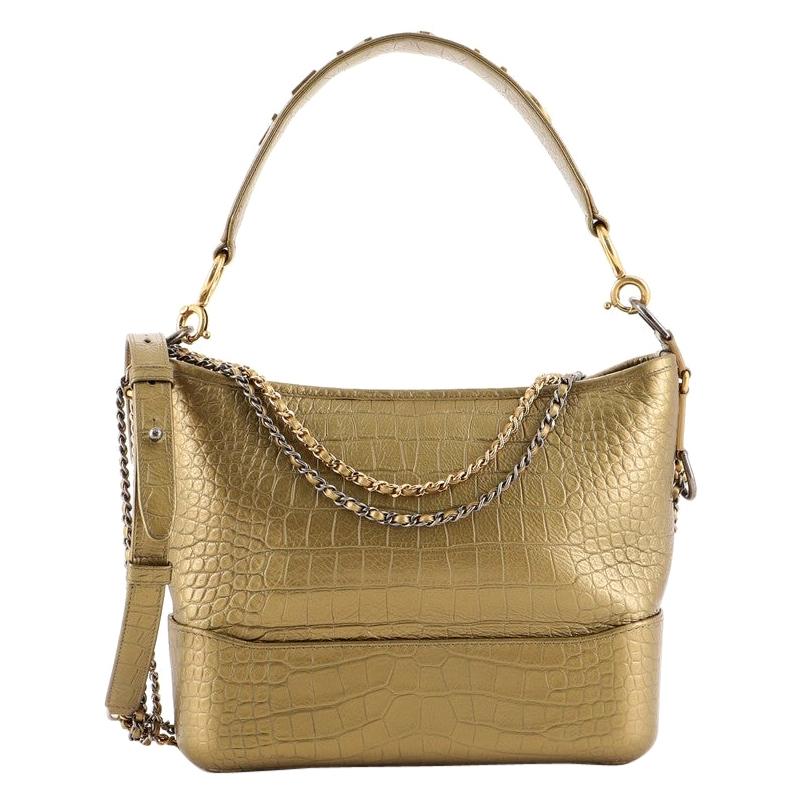 Chanel Gabrielle Hobo Bag Crocodile Embossed Calfskin Gold/Silver-tone  Black in Calfskin with Gold/Silver-tone - US