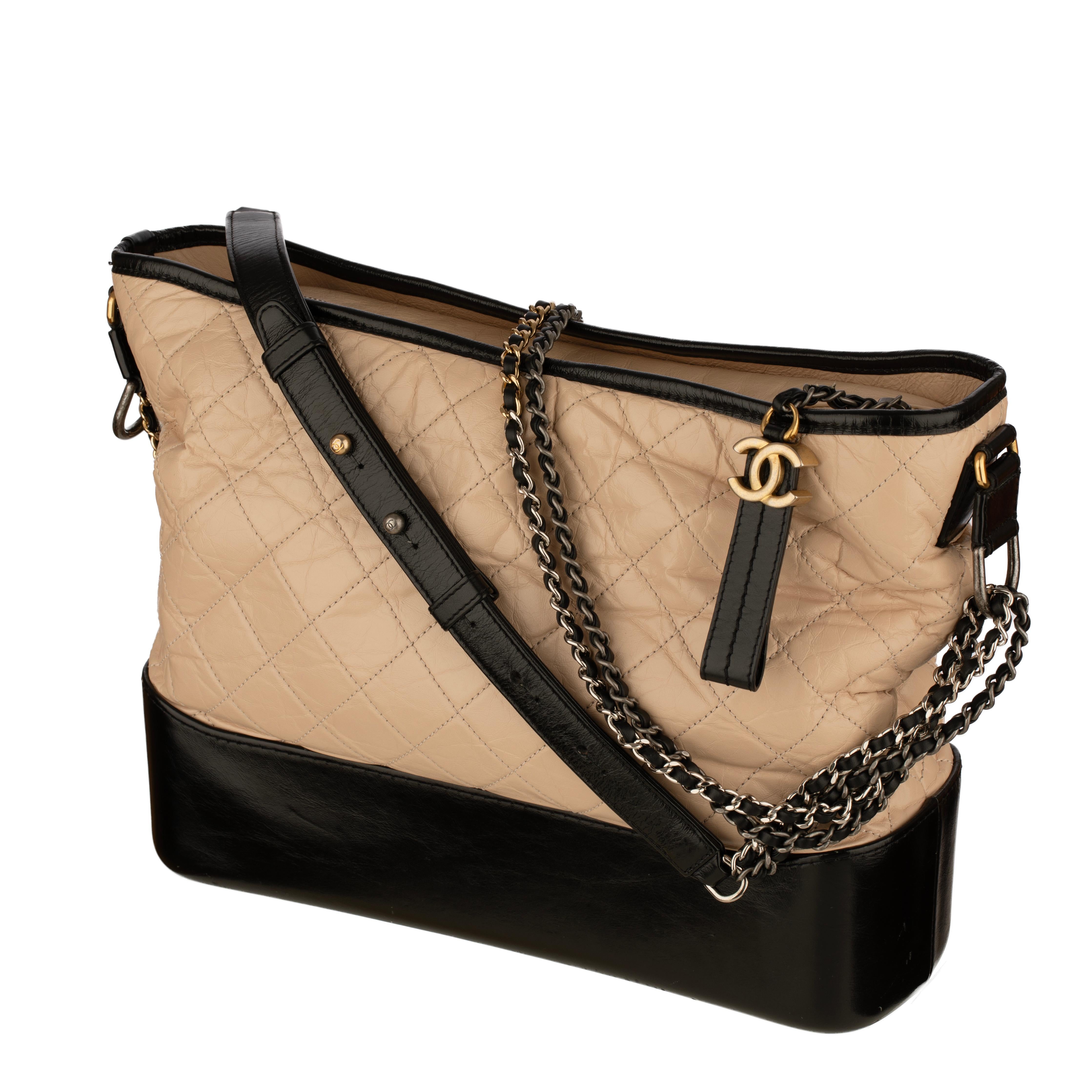 Chanel Gabrielle Large Hobo Bag in Black and Beige Quilted Leather In Good Condition For Sale In Sydney, New South Wales