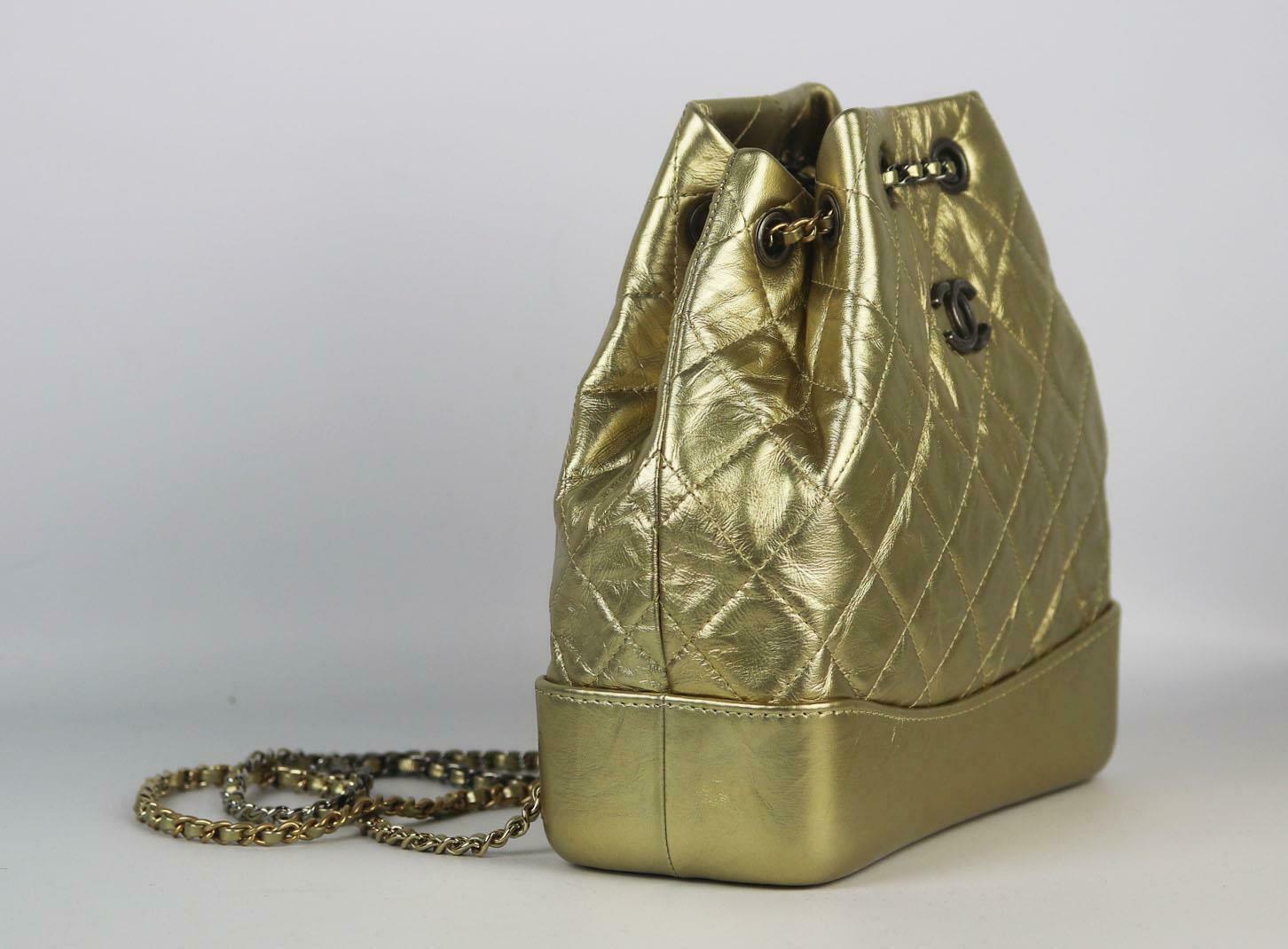 Beige Chanel Gabrielle Medium Metallic Quilted Age Calfskin Backpack