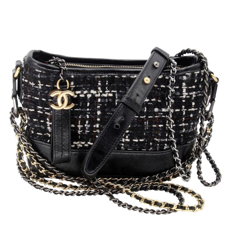 Chanel Gabrielle Hobo Bag Tweed Calfskin Silver/Gold-tone Black