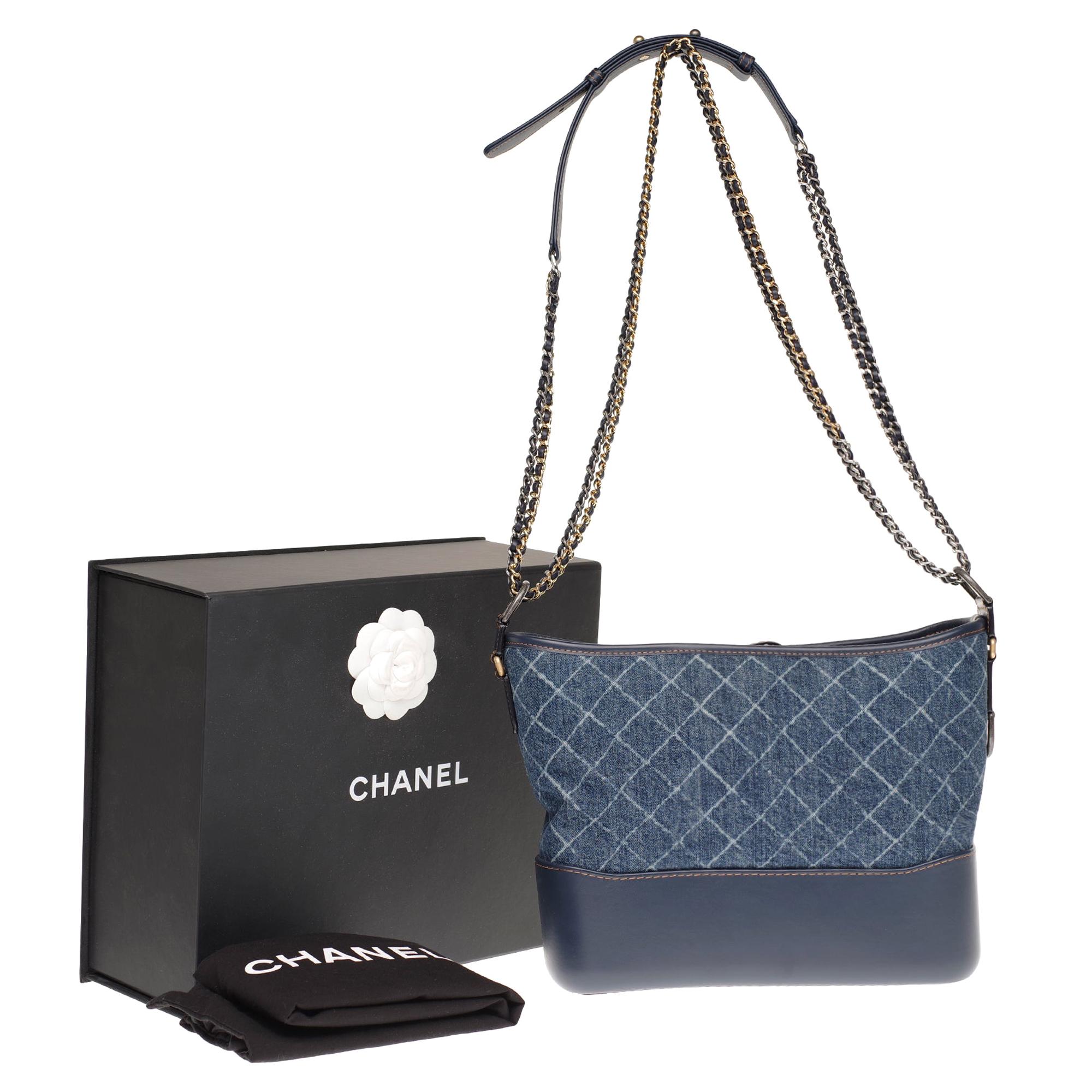 Chanel Gabrielle small size hobo bag in denim with gold and silver