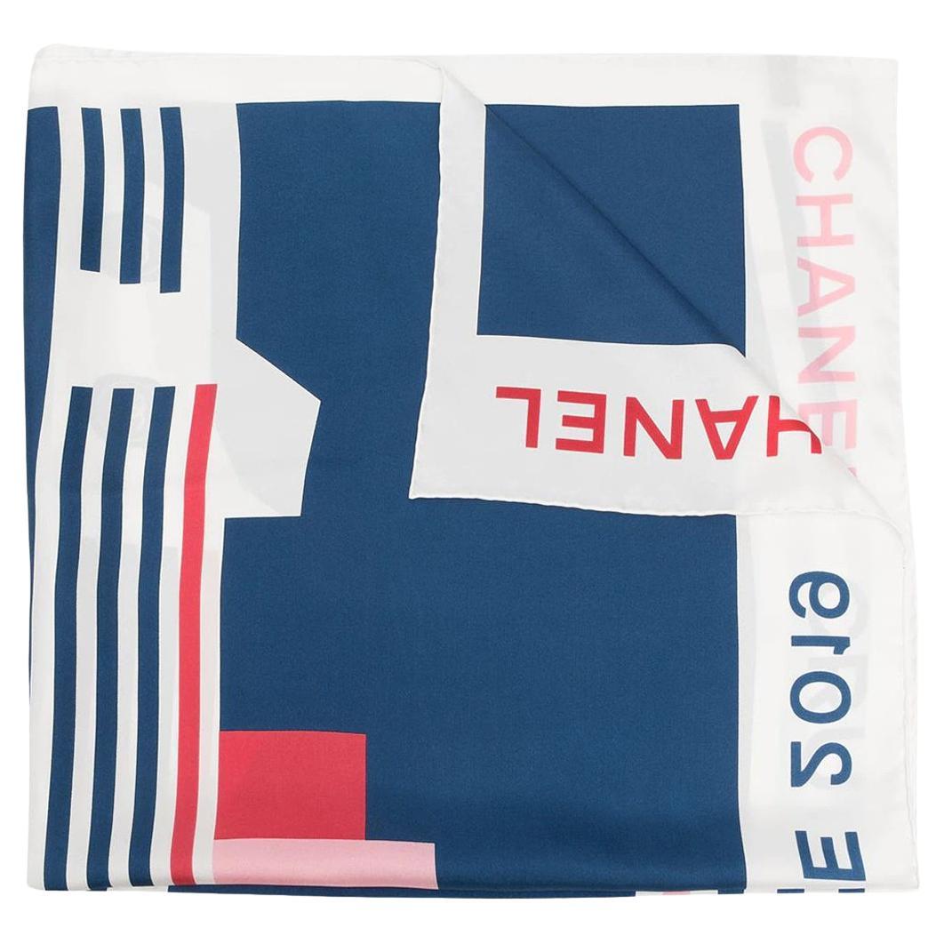 Chanel Geometric Style Navy Silk Scarf  For Sale