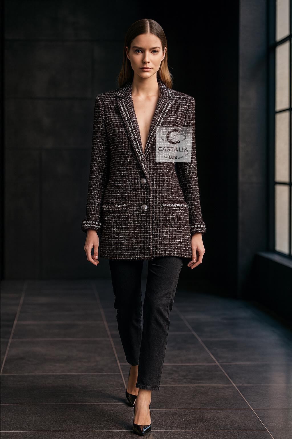 Giacca nera in tweed di Chanel Lesage - Come si vede nella Campaigner di Georgia May Jagger
~ Dalla celebre campagna pubblicitaria di Chanel con Georgia May Jagger 
- immortalato in riviste e cartelloni pubblicitari di tutto il mondo 

~ Valutata