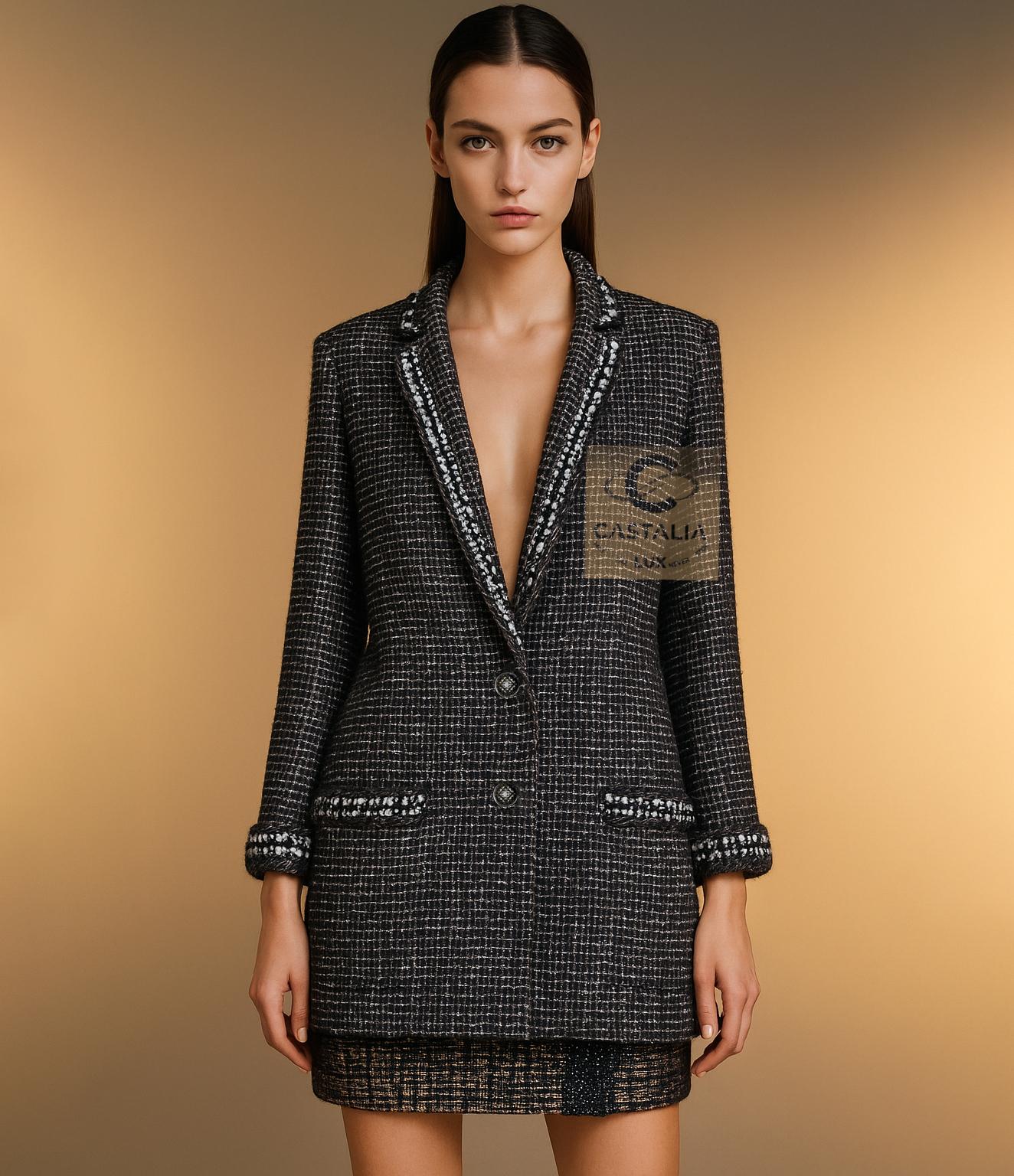 CHANEL Georgia Jagger Style Black Tweed Jacket 36 FR For Sale 1