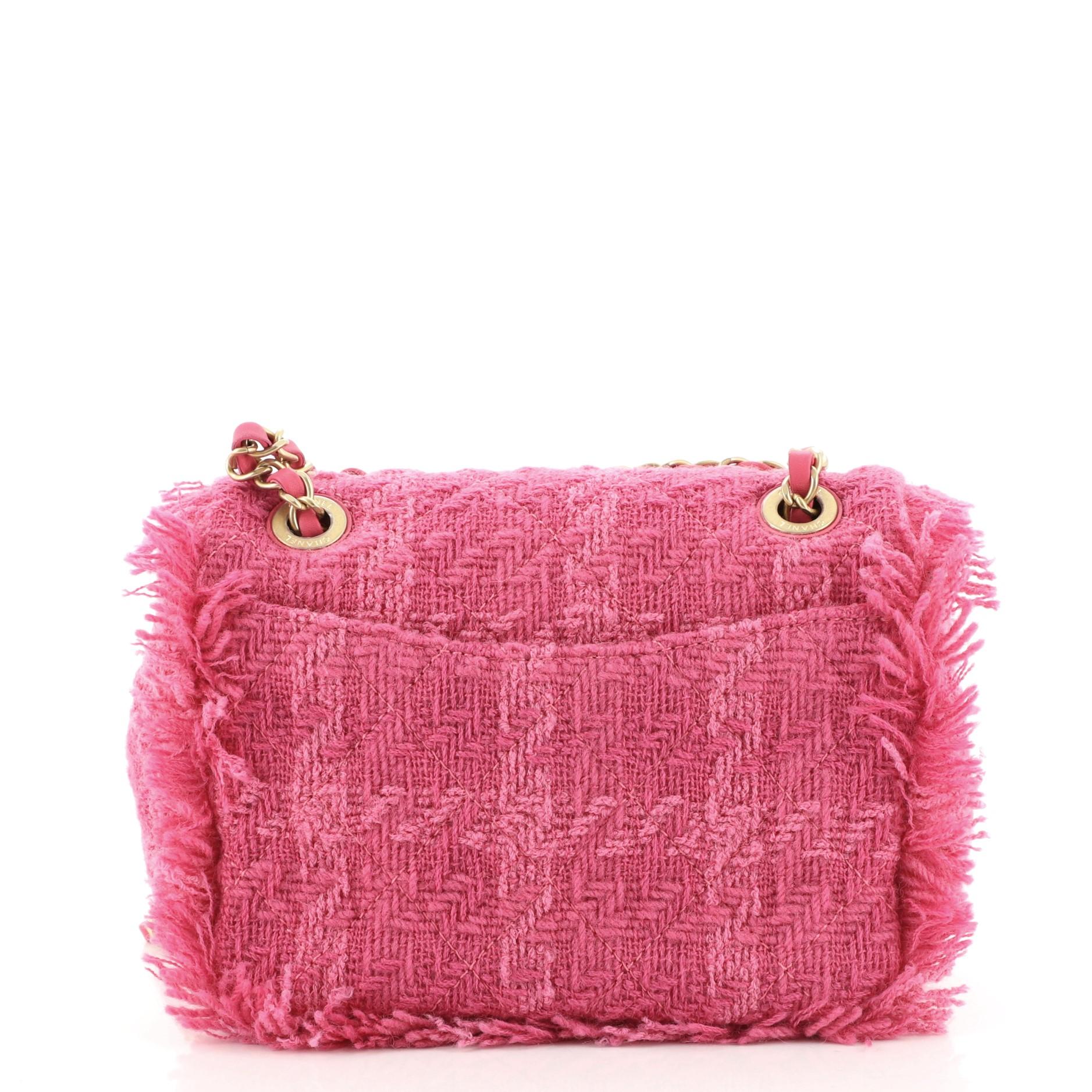 Pink Chanel Giant Logo Flap Bag Quilted Tweed Small