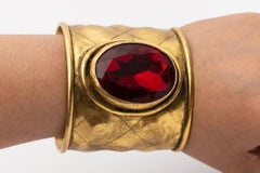 Chanel Gilded Metal Cuff Bracelet with Ruby Rhinestone