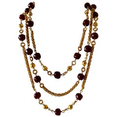  Chanel Gilt Red Triple Strand Diamante Statement Necklace