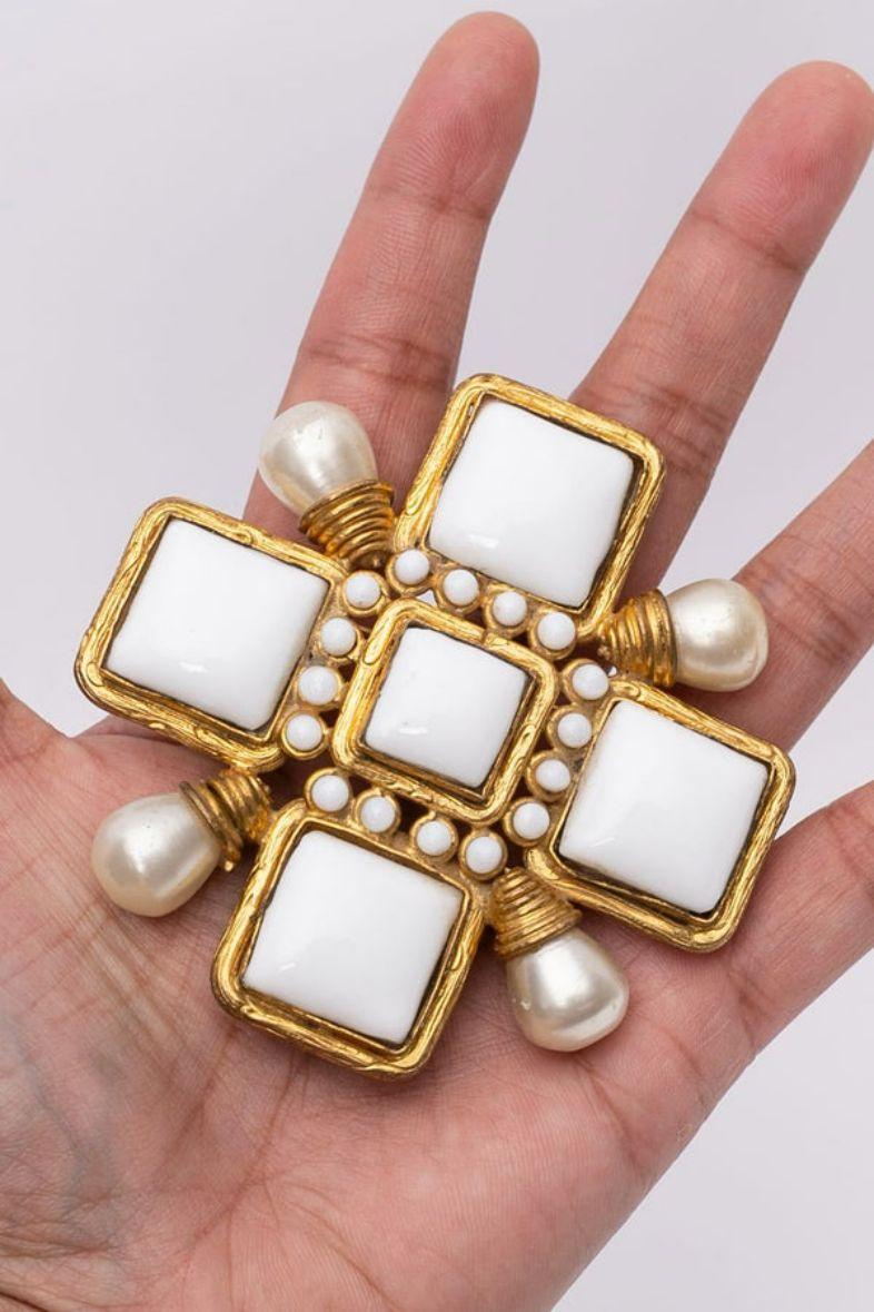 Chanel Gilted Metal and Glass Paste Cross Brooch 3