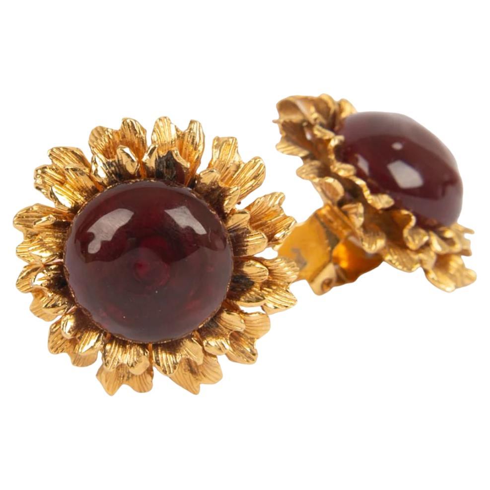 Chanel Gilt Metal and Glass Paste Cabochon Earrings For Sale