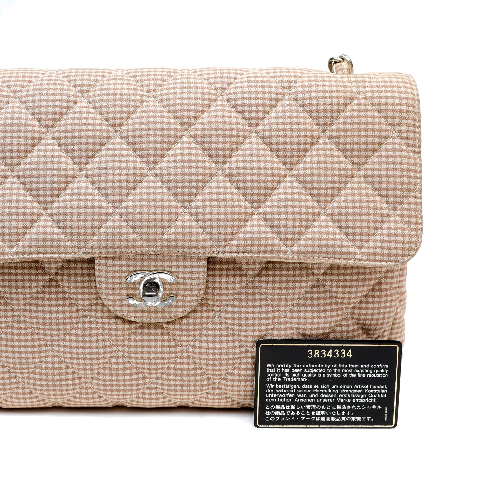 Beige Chanel Gingham Fabric Maxi Flap Bag  For Sale