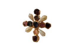 Chanel Glass Faux Pearl Cross Brooch Pin Gold Tone CC Logo Jewelry Vintage 90's