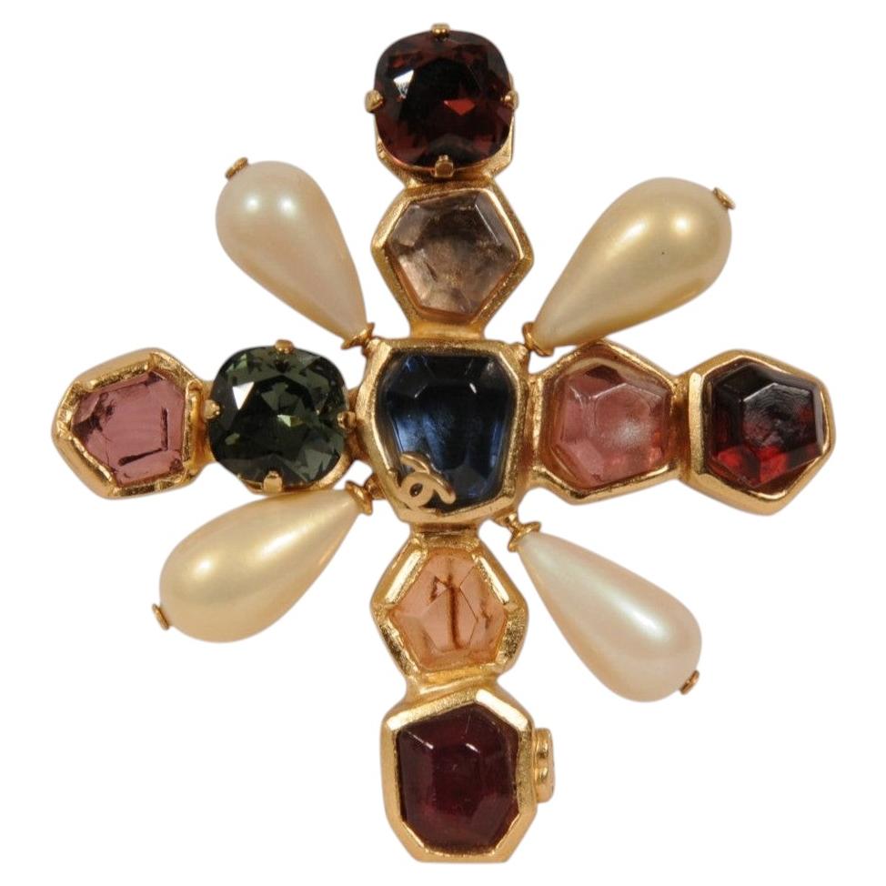 Chanel Glass Faux Pearl Cross Brooch Pin Gold Tone CC Logo Jewelry Vintage 90's