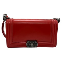 CHANEL Glazed Calfskin Medium Boy Flap Bag Red Ruthenium HW