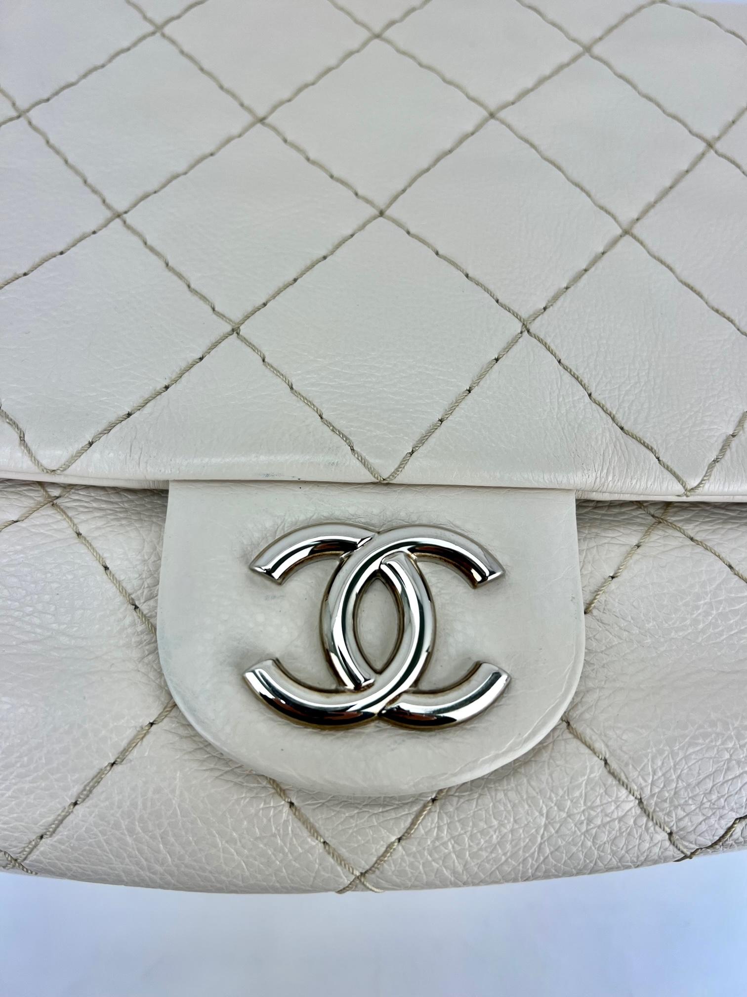 Chanel Glazed Calfskin Stitched XL on the road White Flap  4