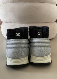 Chanel Sock Sneakers Glitter CC Stretch Fabric Black Silver