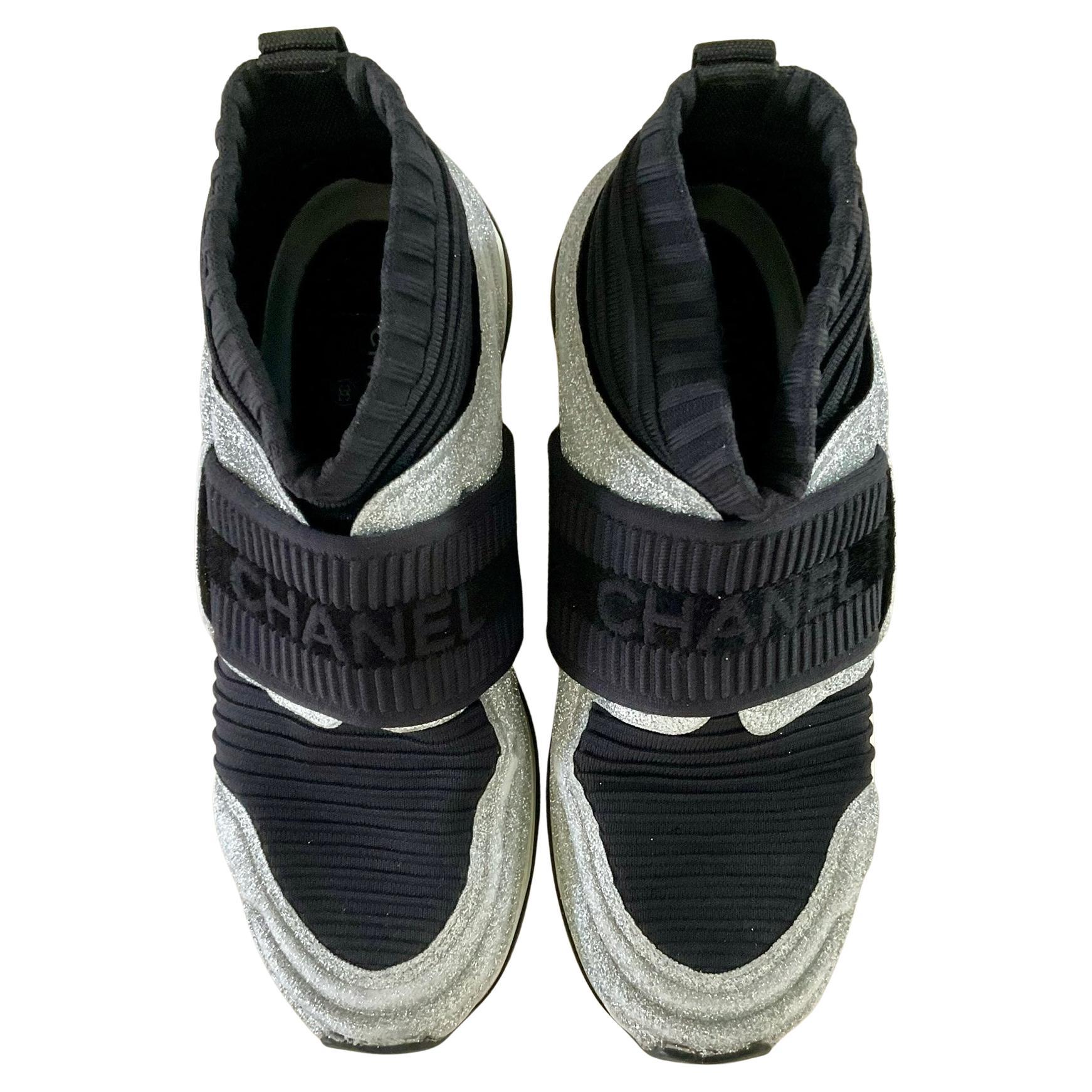 Chanel Glitter CC Stretch Fabrikant Sock Sneakers Nero Argento