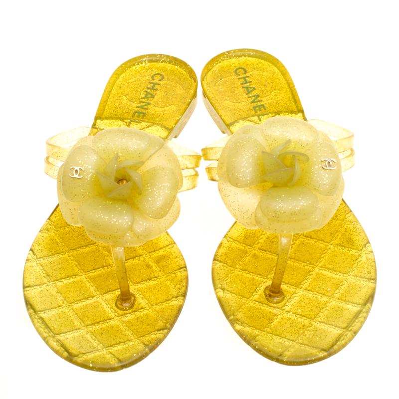 Yellow Chanel Glitter Jelly CC Camellia Flat Sandals Size 37