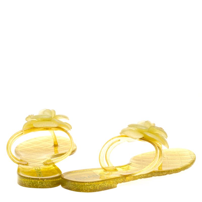 Yellow Chanel Glitter Jelly CC Camellia Flat Sandals Size 37