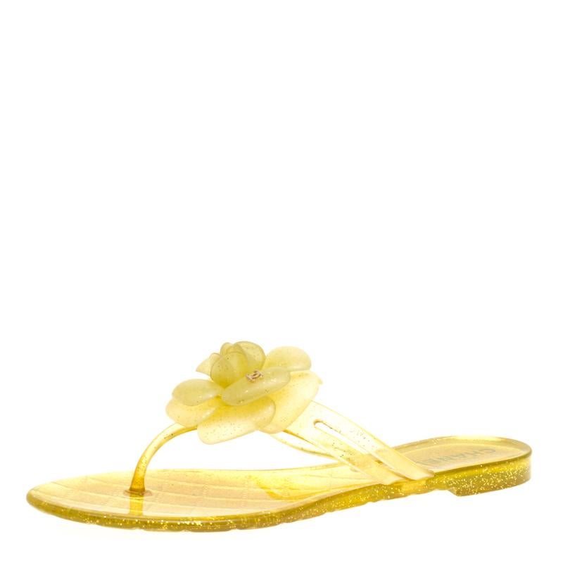 Chanel Glitter Jelly CC Camellia Flat Sandals Size 37