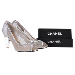 Chanel Glitter Mesh Peep-Toe Pumps With A Clear Lucite Heel