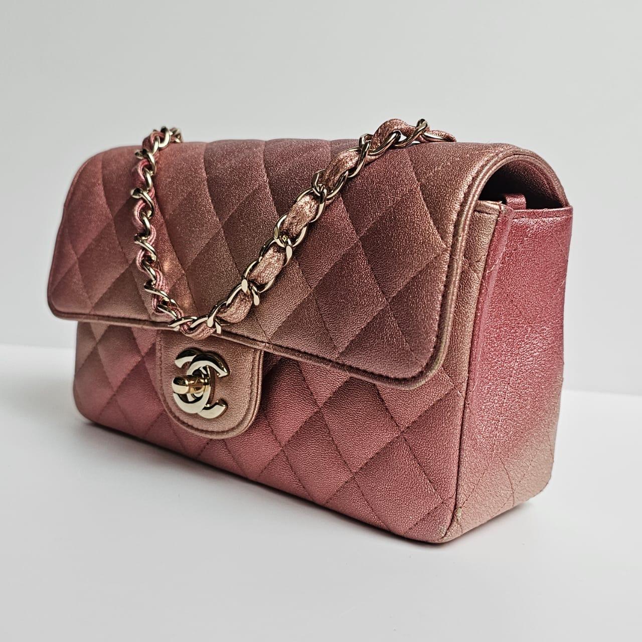 Chanel Glitter Ombre Pink Orange Lambskin Quilted Mini Rectangle Flap Bag For Sale 5