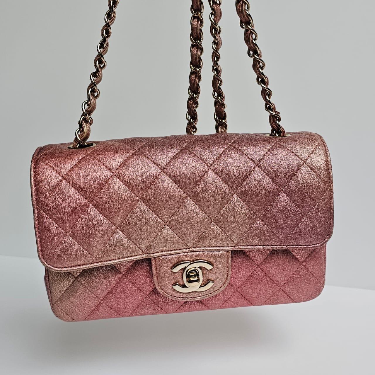 Women's or Men's Chanel Glitter Ombre Pink Orange Lambskin Quilted Mini Rectangle Flap Bag For Sale