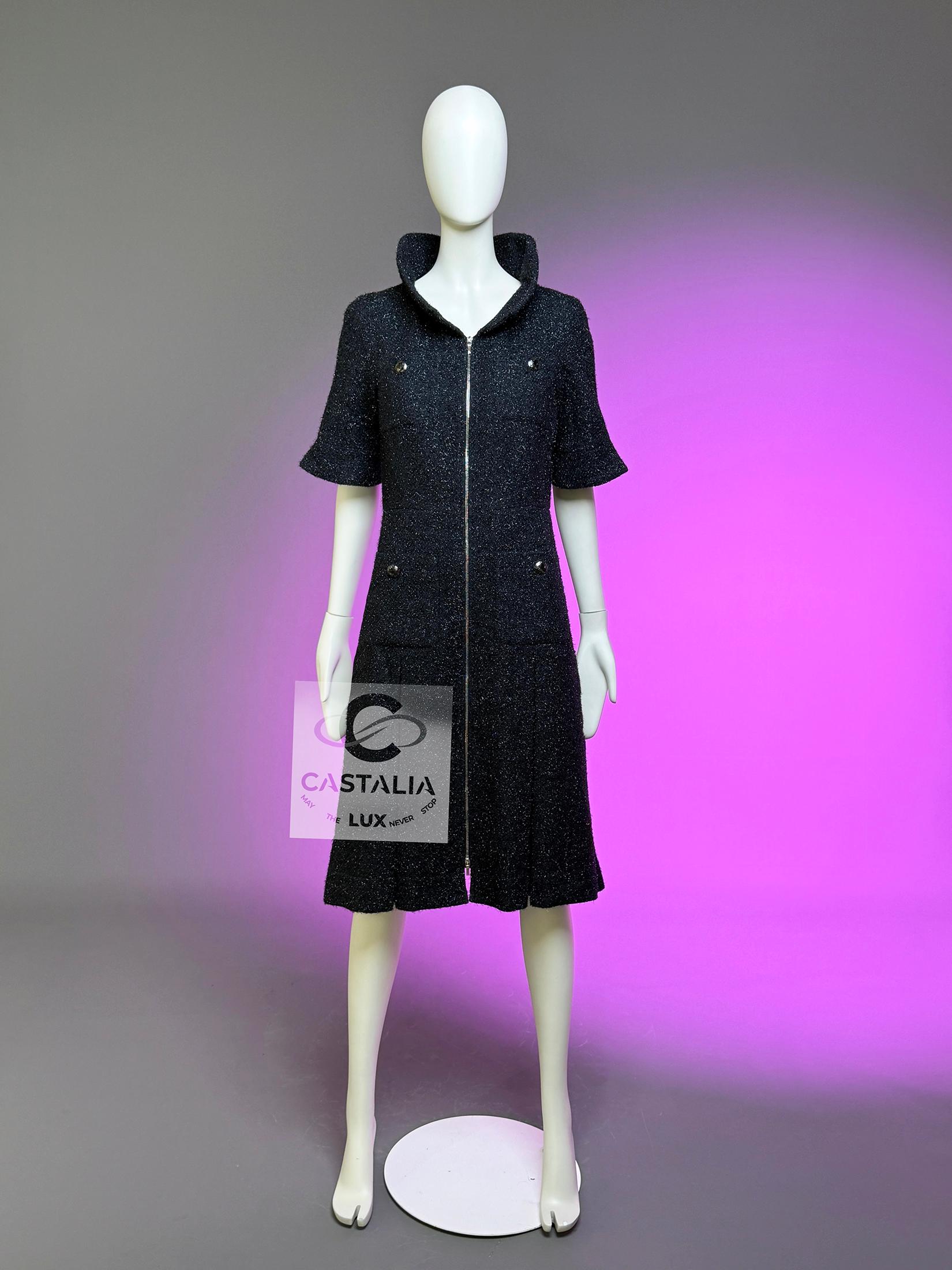 Chanel Globalization Black Shimmer Tweed Jacket Dress 40 FR For Sale 8