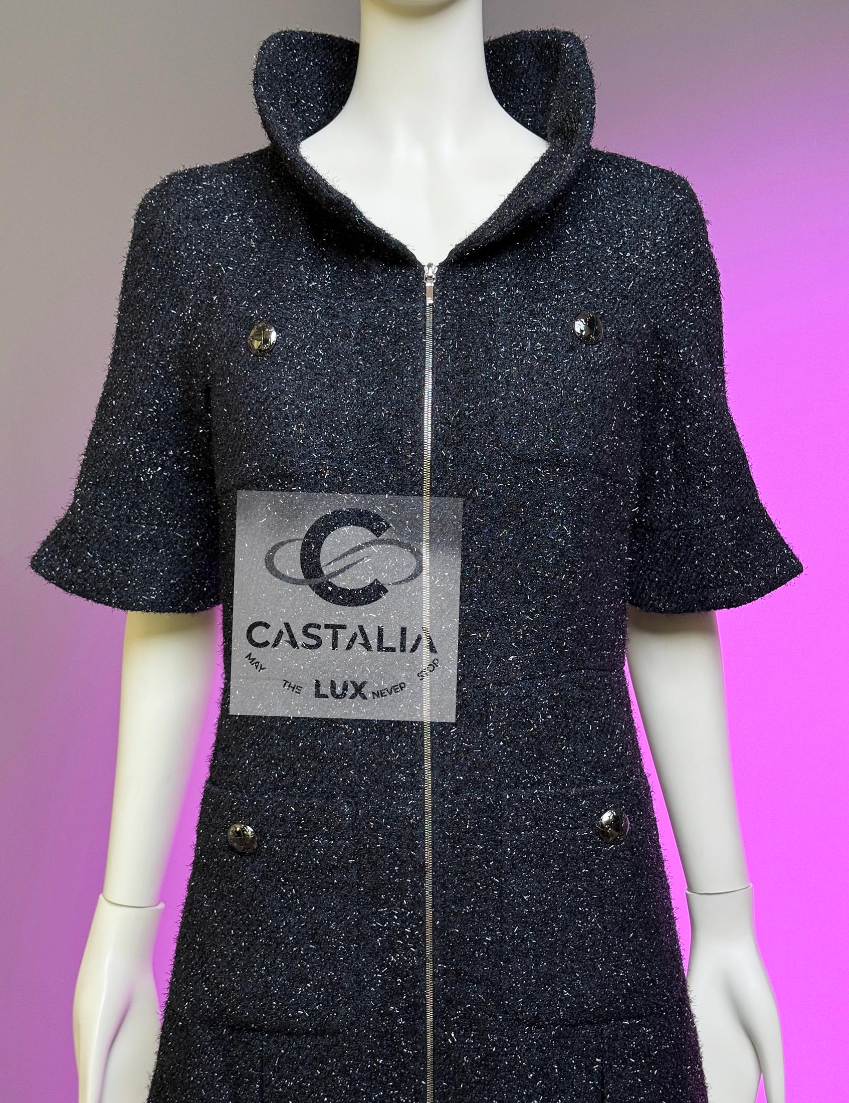 Chanel Globalization Black Shimmer Tweed Jacket Dress 40 FR For Sale 10