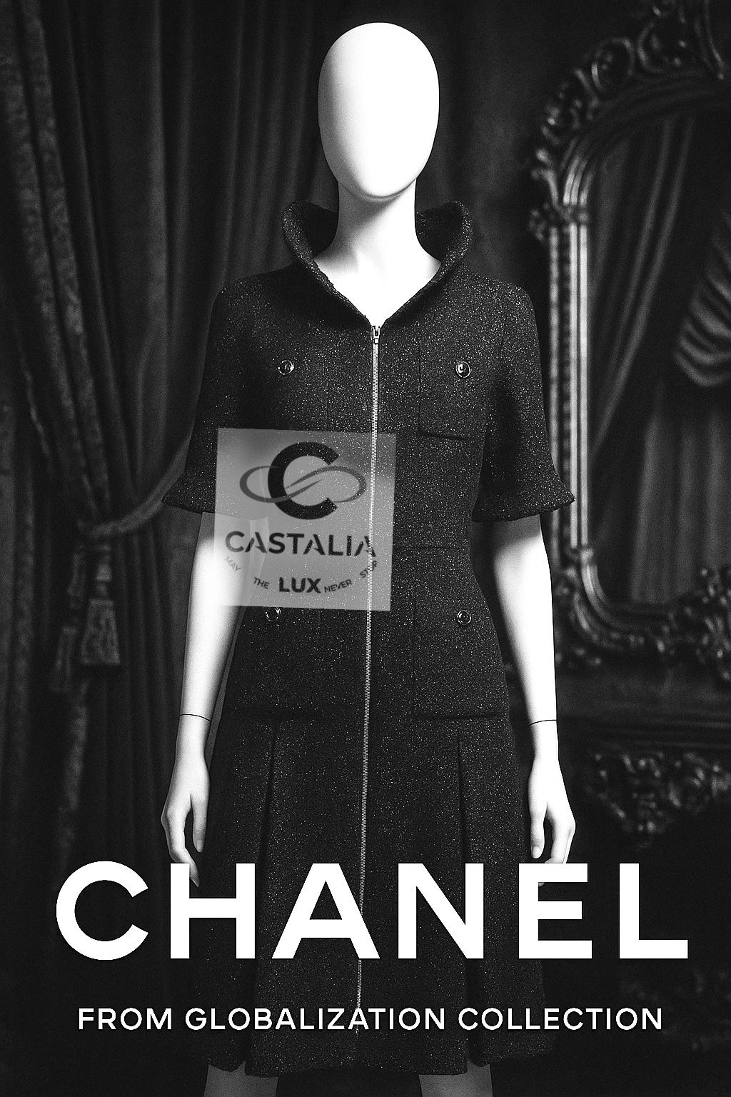 Chanel Globalization Black Shimmer Tweed Jacket Dress 40 FR For Sale 2