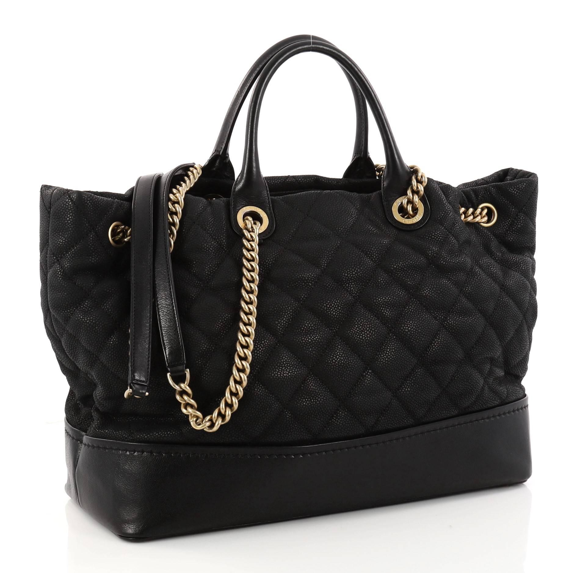Black Chanel Globetrotter Drawstring Shopping Tote Quilted Iridescent Caviar Large