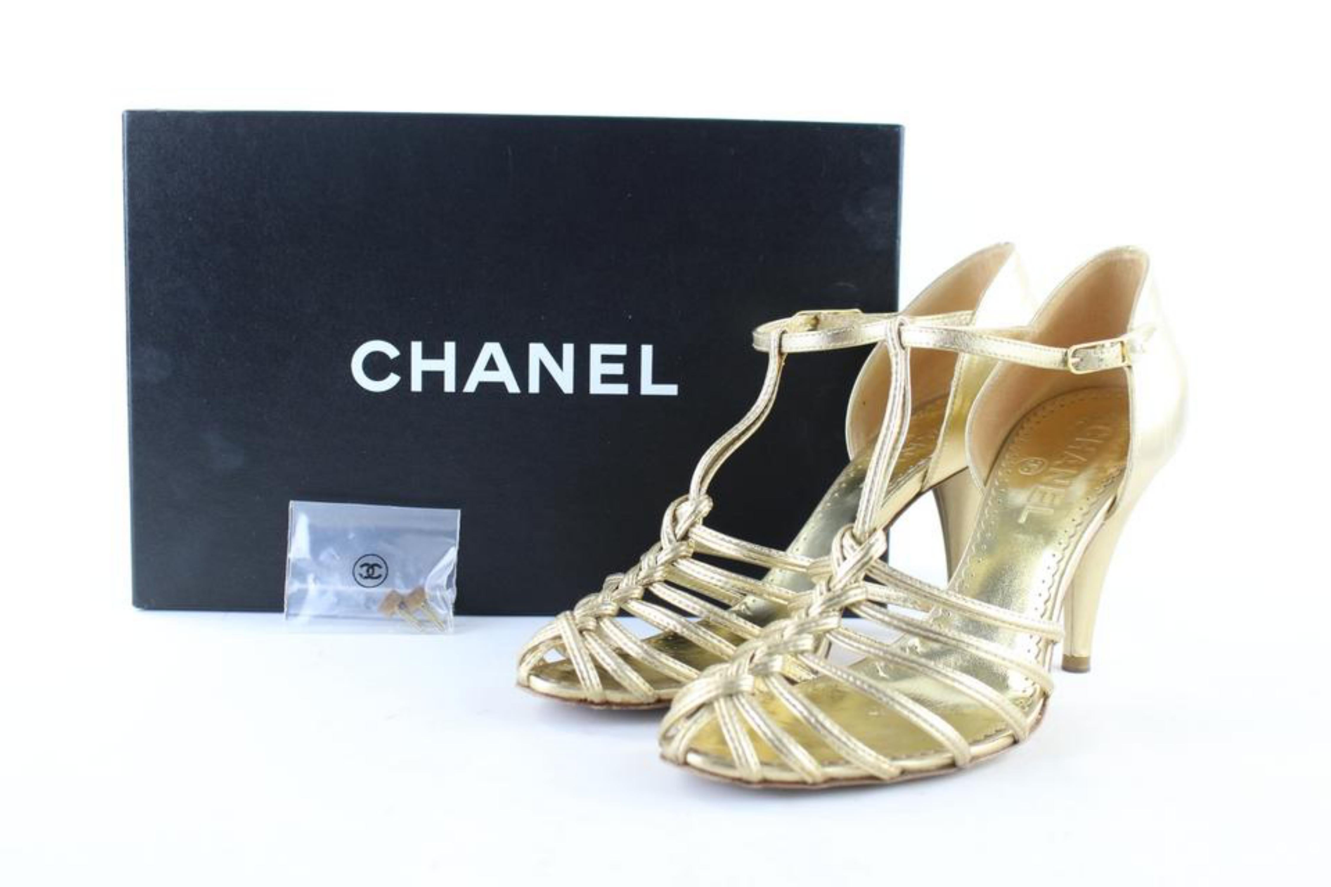 Chanel Gold 05c T-strap Metallic Strappy 18cr1106 Sandals 7