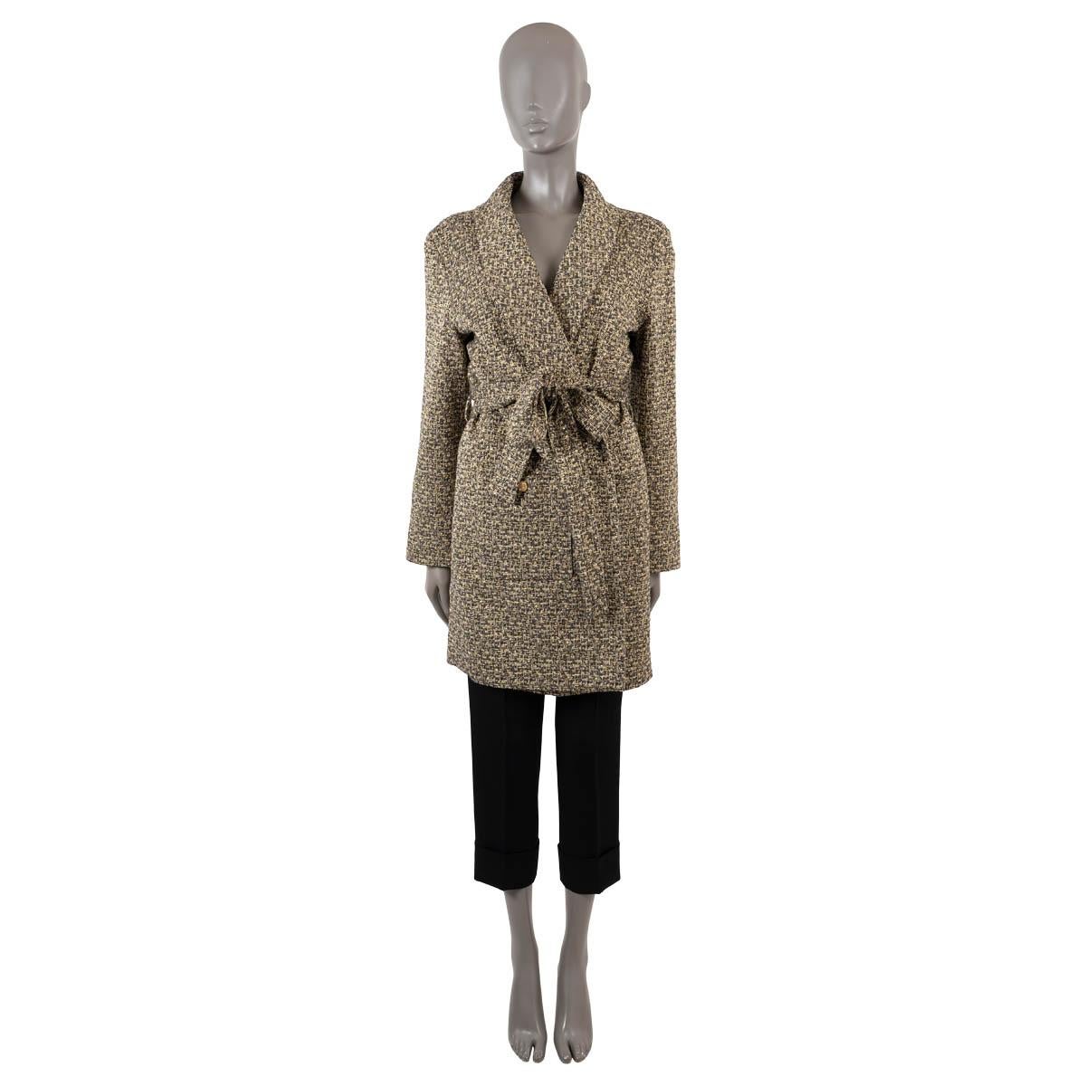 100% authentic Chanel belted tweed coat in metallic gold, beige, grey and black nylon (51%), polyester (40%) and elastane (9%). Features a shawl collar and two buttoned patch pockets at the waist. Closes with a matching tweed self-tie belt. Lined in
