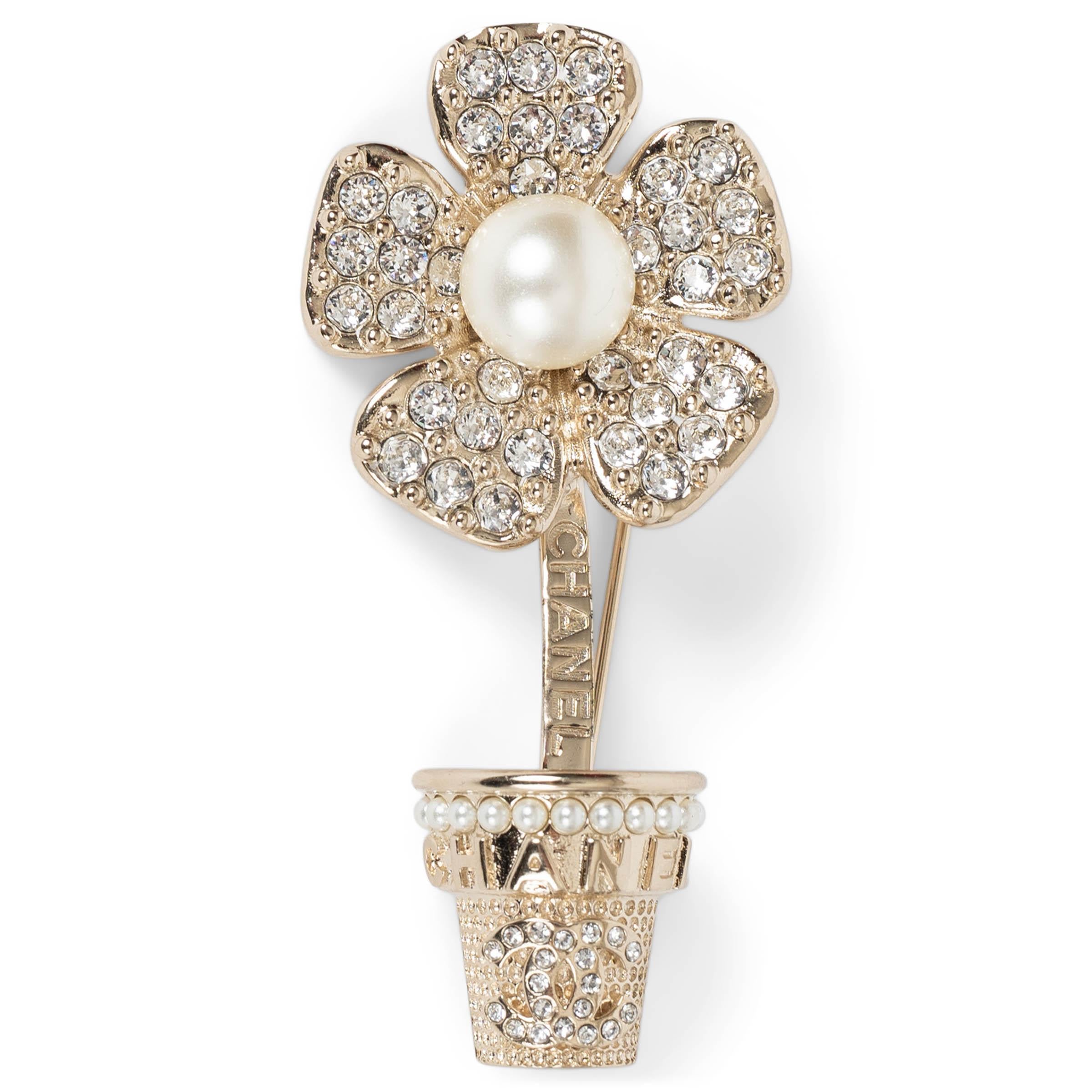 CHANEL gold 23S POTTED FLOWER PEARL & STRASS Brooch For Sale